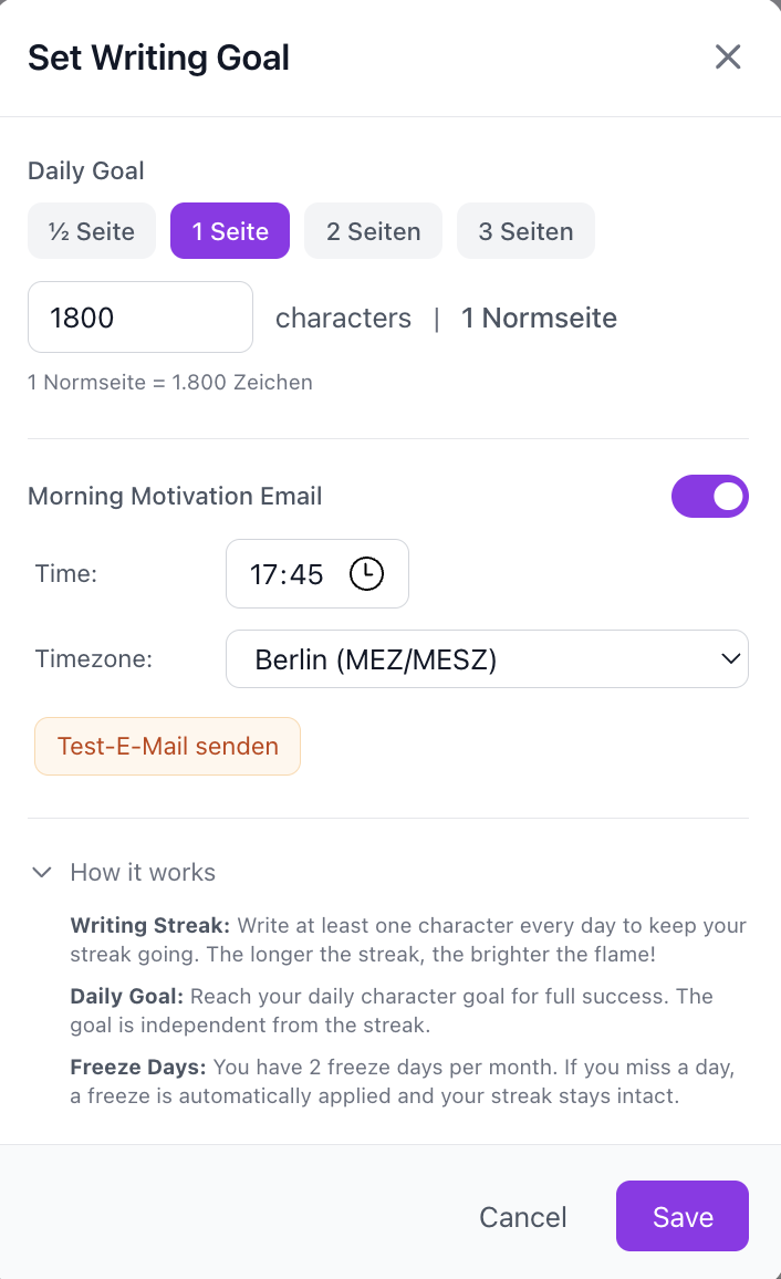 Set Writing Goal: daily goal + morning motivation email