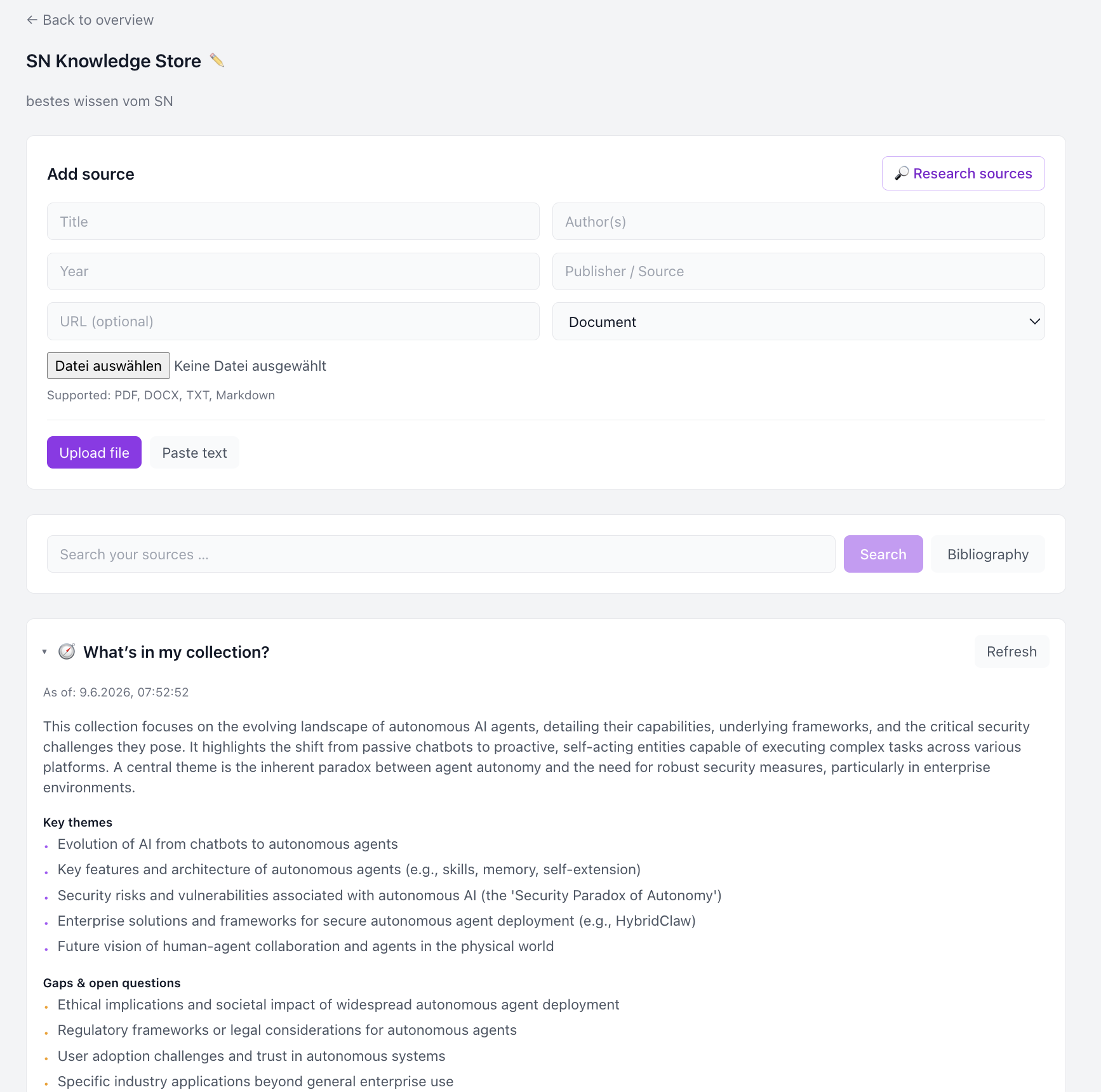 Knowledge Store: add source, search, what's in my collection